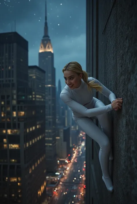 Margot Robbie dressed in the white costume of Gwen Stacy  , smiling,  climbing a building wall at night as Spider-Man