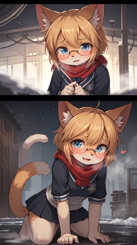 First Love , being Confessed , School cat girl, Cat Whiskers , winter school uniform, hide mouth by scarf , round glasses , Disarray tied hair , butter face , loose body , Freckles , ugly geek , steamy breath , winter , in the after school ground , about t...