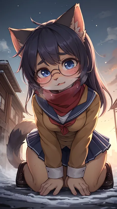 First Love , being Confessed , School cat girl, Cat Whiskers , winter school uniform, hide mouth by scarf , round glasses , Disarray tied hair , butter face , loose body , Freckles , ugly geek , steamy breath , winter , in the after school ground , about t...