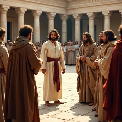 scenario:  A square or courtyard of the Temple of Jerusalem.

jesus:

location:  Central in the image ,  with a calm and authoritarian expression .

Appearance:  dressed in a simple tunic , light colored.

position: standing,  looking at the Pharisees .

P...