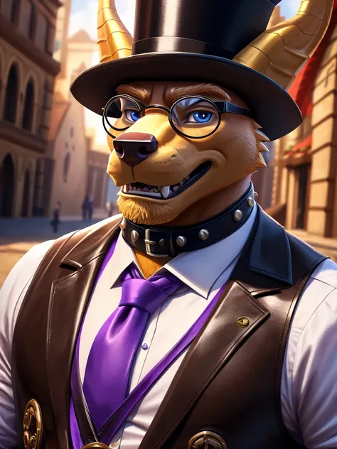 Solo, close up, Male, fat, extremely obese, gentleman, dapper Professor Spyro Dragon, blue eyes, wearing a top hat, wearing a glossy leather collar, wearing the leather collar and necktie at the same time, (posing:1.3), (soft shading), 4k, hi res, ((detail...