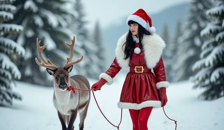 Best quality, a beautiful EUROPEAN woman, 35 years old, smile, brown eyes, BLACK STRAIGHT hair, BANGS, walking in north pole mountains with christmas decorated trees, RED AND WHITE leather CHRISTMAS mini dress, white fur stole over the shoulders, red sheer...