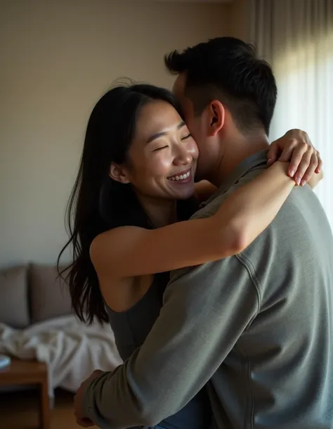 Ultra Realistic. Home, living room. A black haired woman is hugging her husband, 50 years old, asian man, thin and blackhaired, back to home after a few time away
