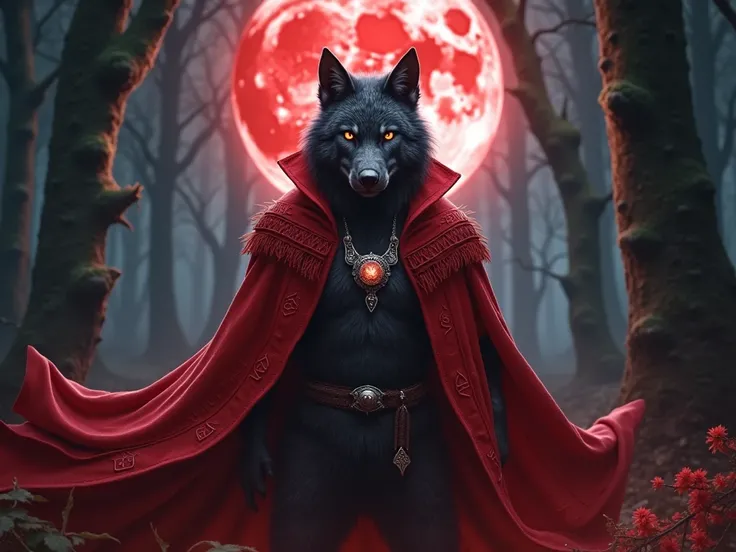 Honey-eyed werewolf wizard, Scarlet Cloak, silver necklace, Bloody Moon Night , in a forest.