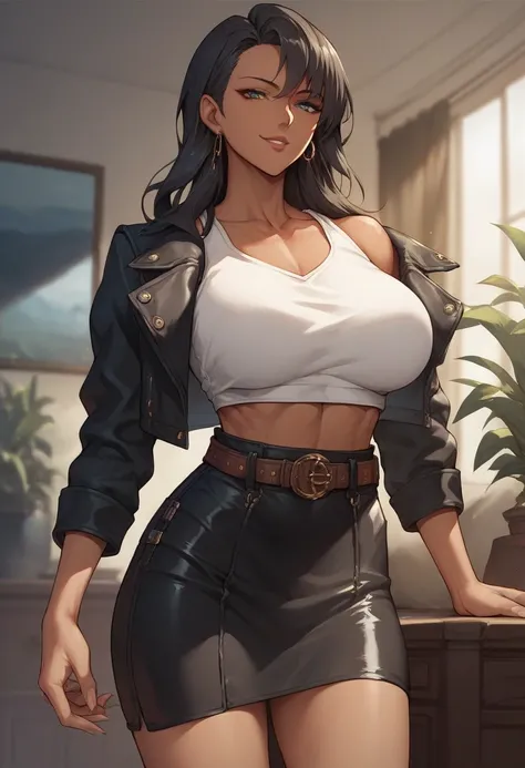 score_9, score_8_up, score_7_up, source_anime, mature female, dark skin, black long hair, bangs, collarbone, jacket, (crop top), (high-waist skirt:1.2), belt, seductive smile, indoors