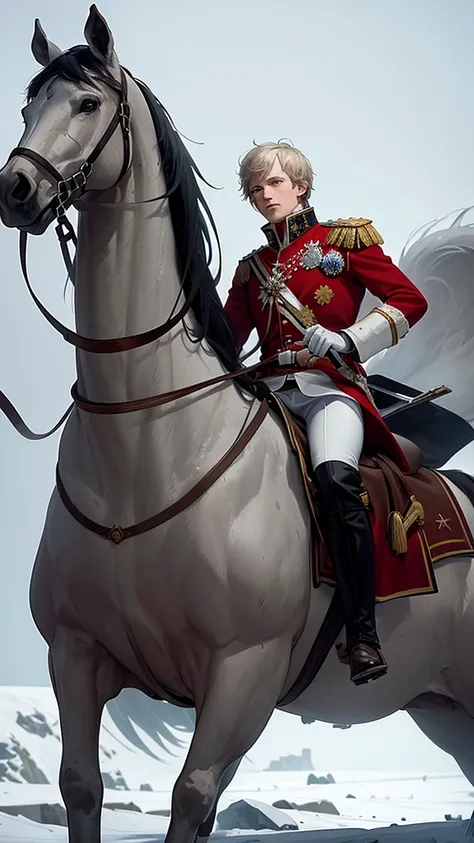 Napoleon, wearing an imperial uniform, rides a horse through a snow-covered battlefield in Moscow during the winter of 1812. The scene is filled with swirling snow and a powerful wind, with soldiers fighting in the background against a harsh, icy storm. Th...