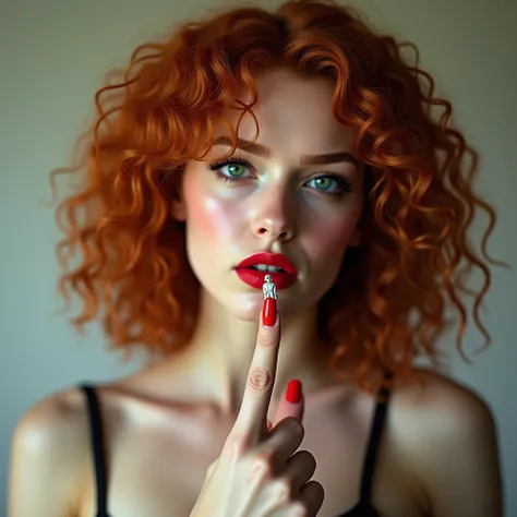 Red curly hair with green eyes in sexy lingerie 1 layer of the girls lips , mouth slightly open,  bright lipstick,  index finger with a red manicure in front of her lips
superimposition
exposure .
 Layer 2 ,  on the index finger stands with his back to the...