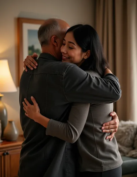 Ultra Realistic. Home, living room. A black-haired french woman , is hugging her husband, 50 years old, asian man, thin and blackhaired, back to home after a few time away
