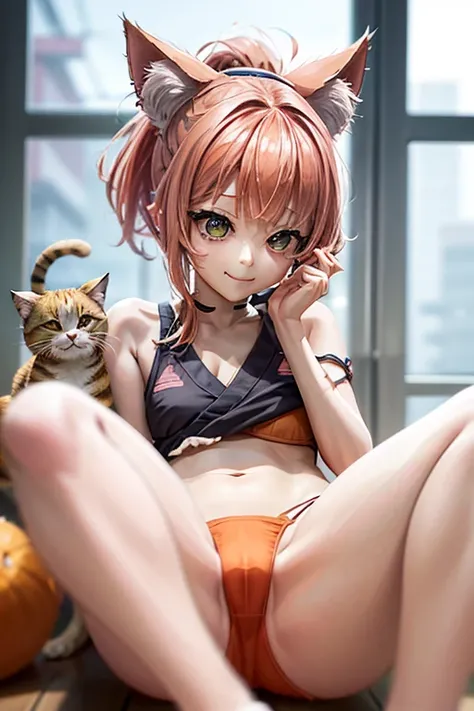 The background is in the room、 one girl 、 extremely thin 、 Im wearing an orange bikini、 hair is pink 、 hairstyle is a ponytail、One cat、 Im falling asleep softly 、Im putting my face on a cat 、The expression is smiling、The whole picture is shown、