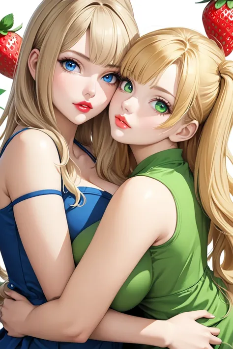 2  girls Blonde, cute, perfect face, big breasts, cuddling, blue eyes,green eyes long hair, hot outfit,  hair tail,  beautiful hair, realistic anime style, strawberry lips at the girl with green eyes, more realistiv style, beautiful short dress, nice ass