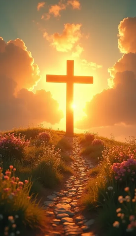 A serene and uplifting scene depicting the essence of Gods love and sacrifice, inspired by the Christian song Loucura de Amor. The image shows a radiant cross glowing in golden light, standing atop a peaceful hill at sunrise. In the background, soft clouds...