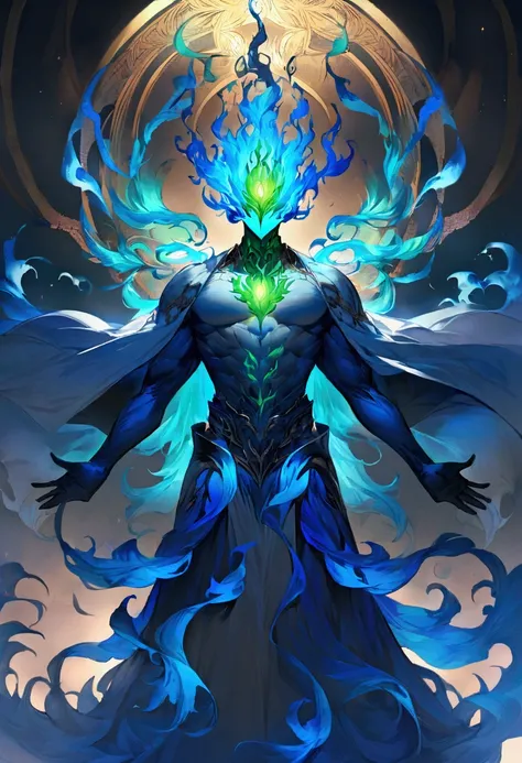  Create a being totally made of blue flames ,  he has no mouth or nose only his green energy eyes ,  your whole body is covered by blue flames , your arms and muscles ,  he is very strong since fire acts like a flame armor covering his body, Your whole bod...