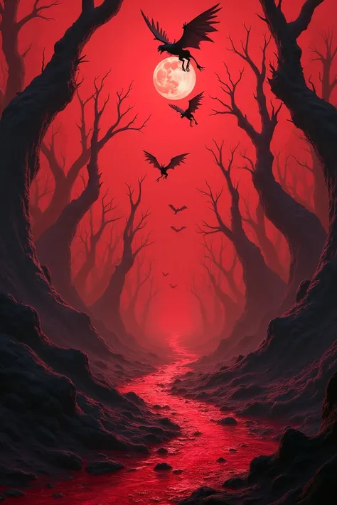 Red background with a river of blood in hell with dark trees and lots of demons flying 