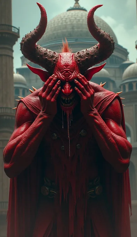 An evil red demon cries in front of a mosque