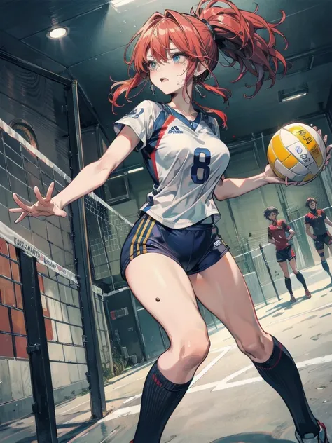 tearful mole, earring, big tits, medium hair, asymmetrical hair, wavy hair, sidelocks, hair behind ear, half updo, knee, volleyball Uniform,