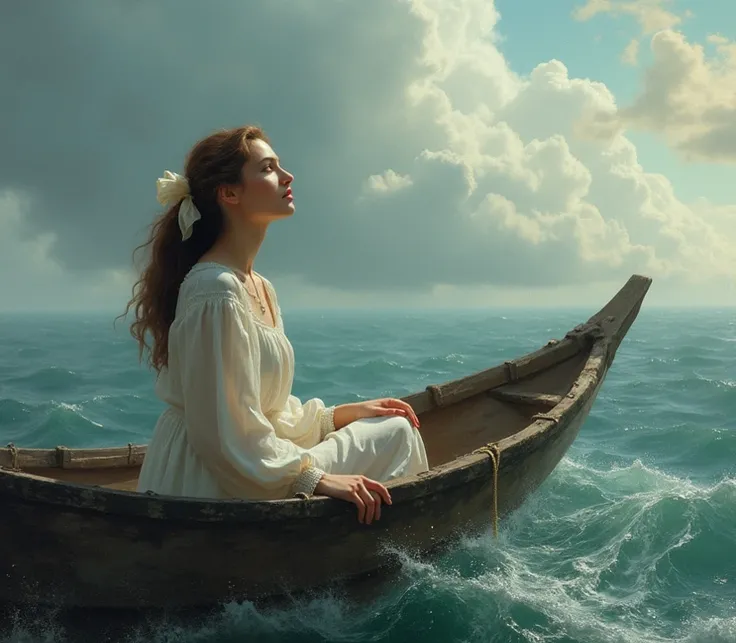    Photorealism of a beautiful woman       , European aspect,      brown hair     ,      long a little tied up     ,      hair adorned with a bow     ,     dressed in white in a broken boat   ,  alone and in rough waters in the middle of a shipwreck    ,  ...