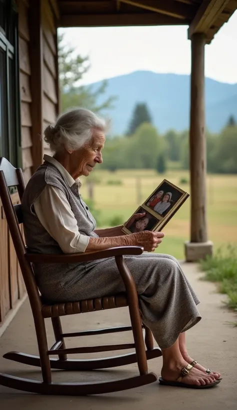 An elderly woman sits in a rocking chair on the porch of a simple house, holding a small photo album. She looks at the images with a nostalgic smile and eyes filled with tears of gratitude. In the background, a rural landscape with trees and mountains crea...