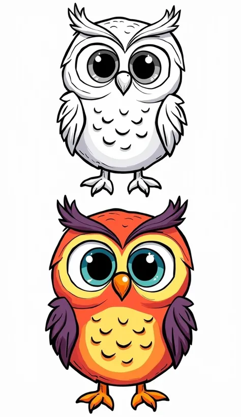 Illustration of a rens coloring book featuring two versions of a wide cheerful cute big-eyed owl. Above is a black and white outline drawing of an owl designed for ren to color. Below is a colorful, painted version of the same owl. The overall design is fu...