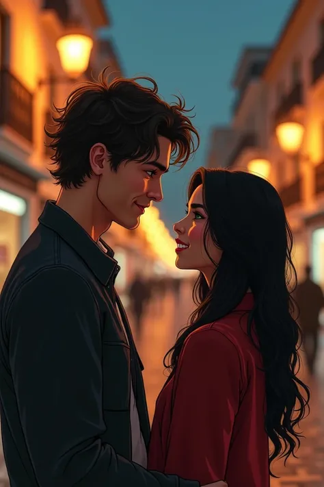 Create an image of two people, A tall frizzy man with handsome green eyes asking his friend for her short ,  with long black hair with a beautiful and slutty smile to be his girlfriend on a street in Naples Italy at night and to see the 7th hour: 30 pm and...