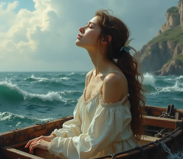    Photorealism of a beautiful woman       , European aspect,      brown hair     ,      long a little tied up     ,      hair adorned with a bow     ,     dressed in white in a broken boat   ,  alone and in rough waters in the middle of a shipwreck    ,  ...