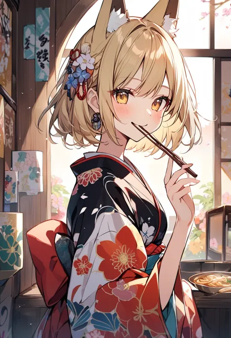 Alone,upperbody,blond short hair,fox ear,cute face,gorgeous floral kimono、graffiti,eat japanese udon,Japanese style、Private room、smile、 Flower Bird Wind Moon、kaleidoscope、 High Quality 、 best quality、