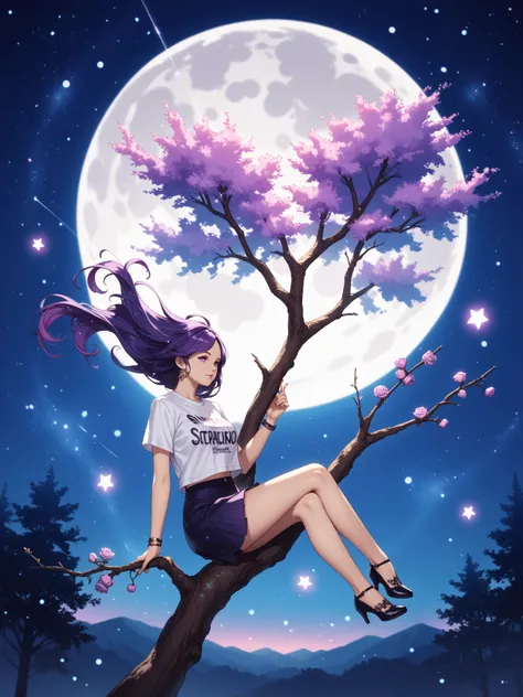  score_9,  score_8_above,  score_7_above, source_animated,
surreal, 
1 girl,kpop idol, cabello muy largo,  Floating Hair ,Shiny hair,with shirt with the letters Dark Moon
 Night scene,moon in the sky,purple tones, starry night, dreamy atmosphere,Bright edg...