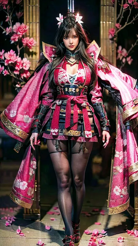  Sexy female character dressed as a warrior from the Sengoku period 、((toned body))、 Toned Body、 a sexy female character dressed as a warrior from the Sengoku period 、 The sakura-colored armor with a cherry blossom pattern engraved on it is a bikini type a...