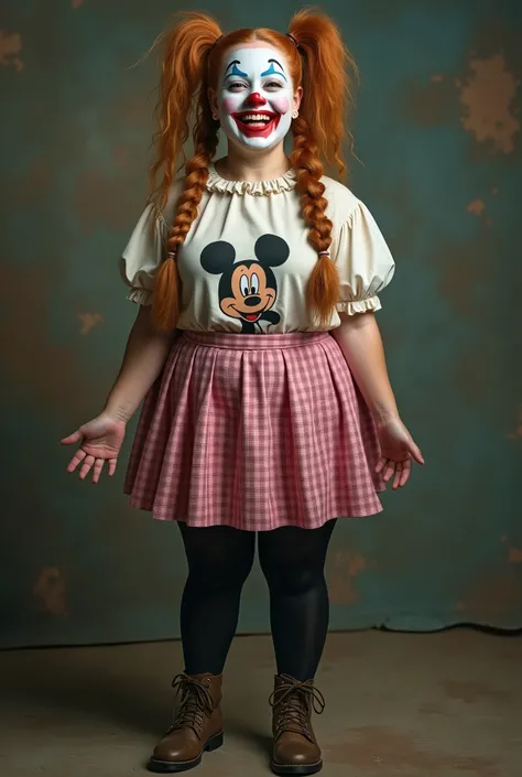 SeaArt Bot
Txt2Img
Studio
 
Full body cinematographic image of a woman with a medium size body neither fat nor thin and flabby she is 40 years old and wears clown makeup and long caramel-colored hair like Rapunzel with two braids one on each side the woman...