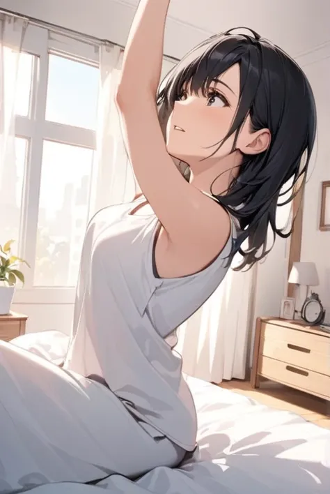 Black hair, waking up, bedroom, woman stretching after waking up