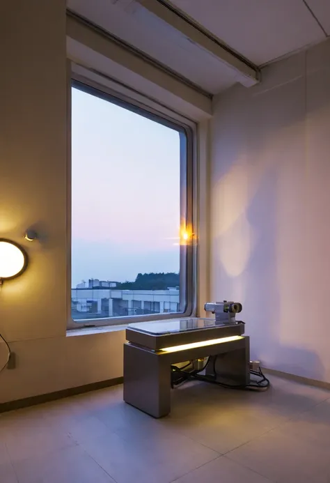  large machine placed in a small room、Window with dusk light shining in 