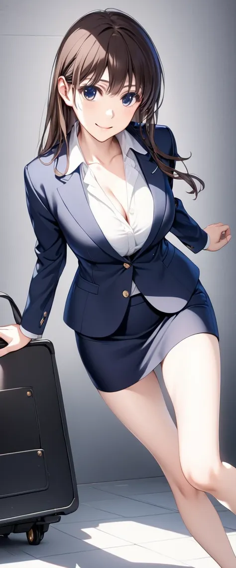 Megumi Kato,  1 girl, Alone, bangs,  brown hair, (((Female lawyer, formal suit skirt ,   Micro Mini Pencil Skirt,  white blouse,   Navy Blue Jacket,Big Breasts、 cleavage、Thin legs、The white panties are visible from the hem of the skirt,smile))), skinny, Al...