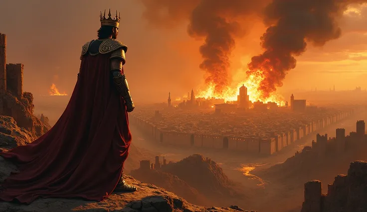  Nebuchadnezzar watching the destruction of Jerusalem from a distant hill, with crumbling walls and flames dominating the scene .