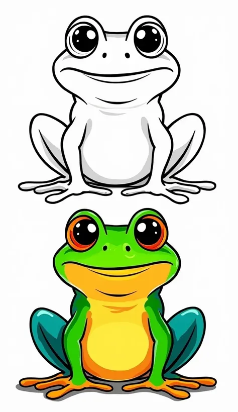 Illustration of a rens coloring book featuring two versions of a wide cheerful cute big-eyed frog. Above is a black and white outline drawing of a frog designed for ren to color. Below is a colorful, painted version of the same frog. The overall design is ...