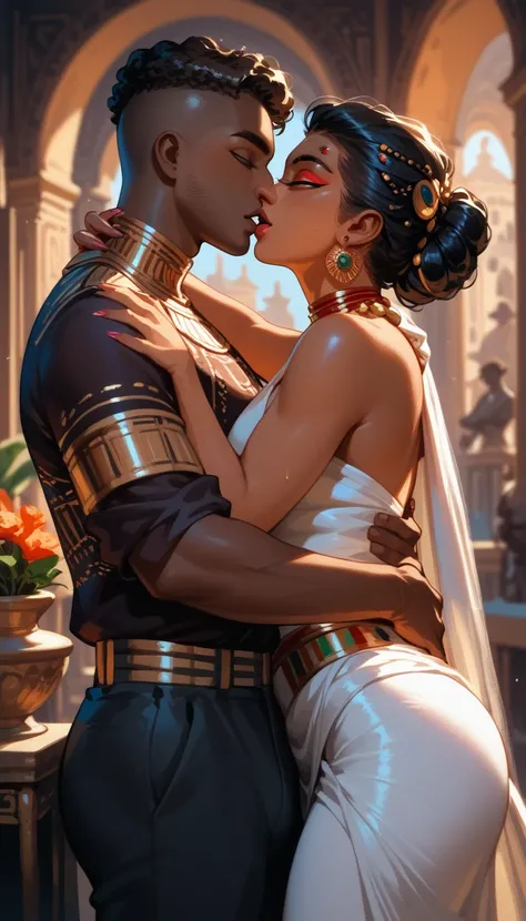 ((Dark Skinned Human man and Furry Arachnid Woman:1.3)), colorful Drider Girl, ((human and Drider sex)), fully clothed, imminent kiss, ecchi, in an ancient brothel