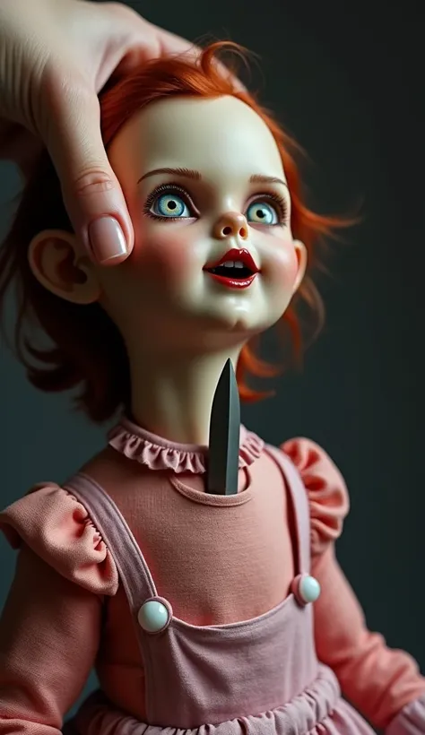 "Detail a hand opening the neck of the doll ,  revealing the inner rod that resembles a dagger."