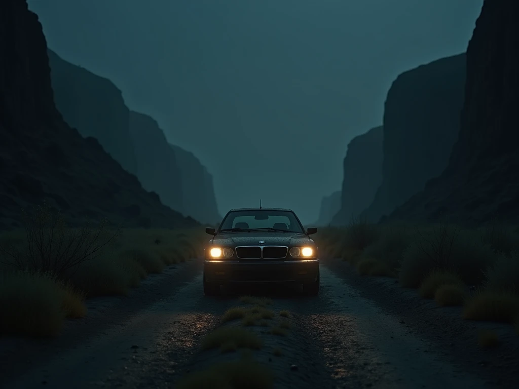 a car stopped on the deserted trail at night