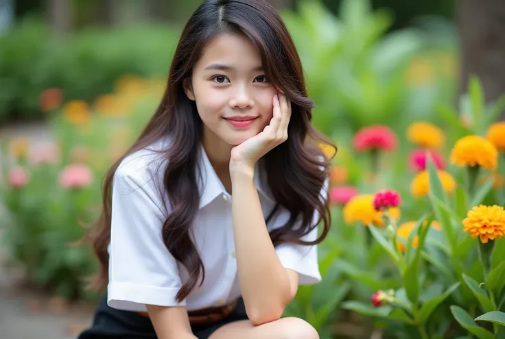 A young Thai woman 18 years old sit gracefully in a vibrant garden, surrounded by lush greenery and colorful blooming flowers. wear a Mahalai uniform,white short sleeve shirt,short black pencil skirt,brown belt, giving her a neat and classic appearance. He...