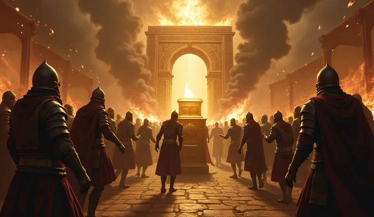  The Ark of the Covenant being taken from the temple by the Babylonians, with an environment of chaos and despair surrounding .