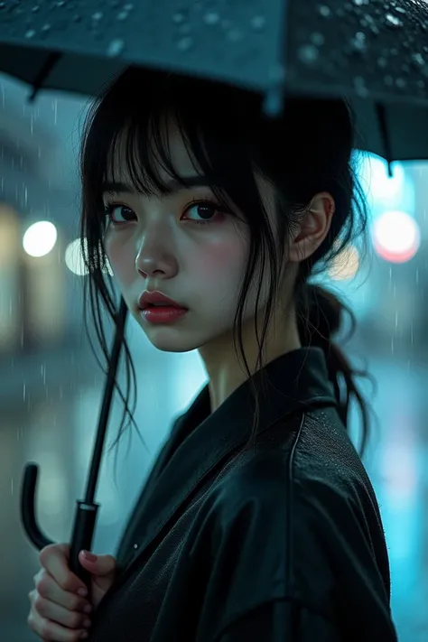  A female corea ,  Umbrella in the rain , Gaya portrait, aesthetics , onii kei, Gaya tatapan menawan, yosuke ueno,  Pictorial drama , portrait, aesthetics , Rei Kamoi, Douglas Smith,  Dark gray and light blue,  Strong facial expression ， Shooting ，Realisme...