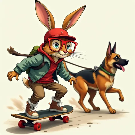 Lièvre aux lunettes rouges et casquette écrit Mr Shu fait du skateboard tiré par son chien Okin malinois croisé roth 