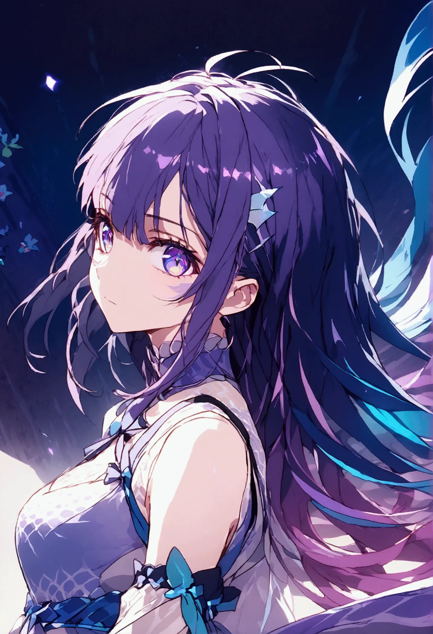 a beautiful anime girl with violet and dark blue hair, cosmic violet-blue eyes, delicate facial features, long eyelashes, hairst...