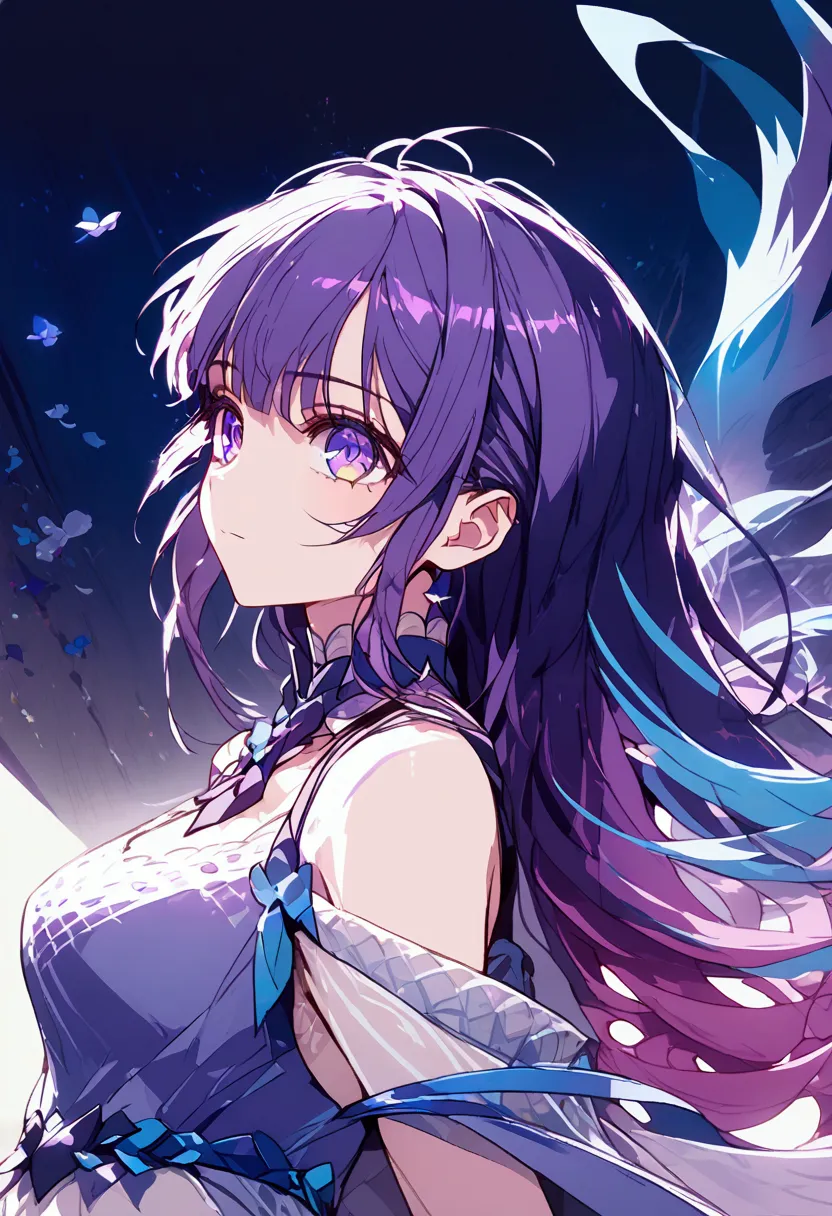 a beautiful anime girl with violet and dark blue hair, cosmic violet-blue eyes, delicate facial features, long eyelashes, hairst...