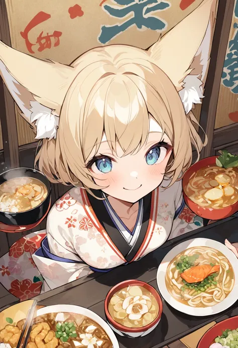 from above,Alone,upperbody,blond short hair,fox ear,cute face,gorgeous floral kimono、graffiti,eat japanese udon,Japanese style、Private room、smile、I am the star、 Flower Bird Wind Moon、Enchanting chest、kaleidoscope、 High Quality 、 best quality、(illstration),...