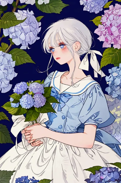 Cute girl, 1girl, only one girl, good quality, long eyelashes, eyeliner, blush, white hair, hair with straight bangs, hair tied to one side falling over the shoulder, light blue eyes, blue dress with ruffles and sailor uniform collar, Holding a bouquet of ...