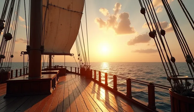 The empty deck of a pirate ship with torn sails and a first-person view of the ocean without humans are luxurious 
sunset
 Its color is white in 