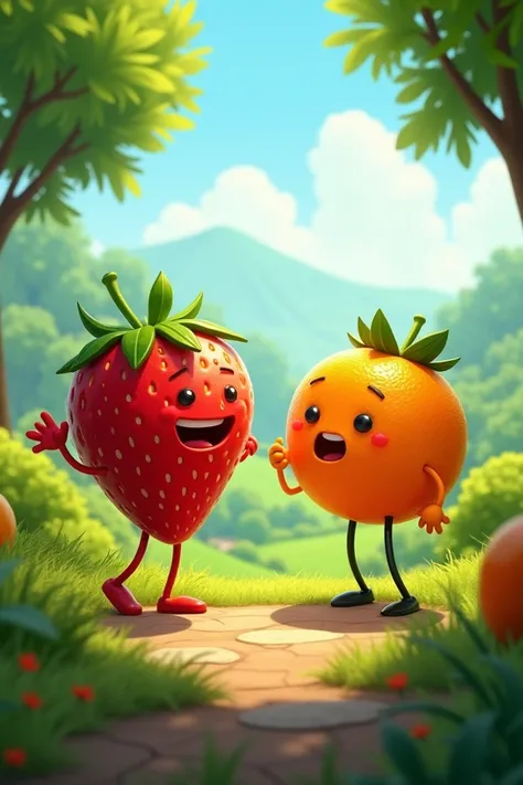 A strawberry and an orange arguing in a leafy valley, Disney Pixar-style 