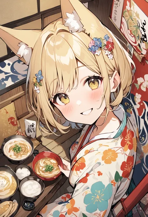 from above,Alone,upperbody,blond short hair,fox ear,cute face,gorgeous floral kimono、graffiti,eat japanese udon,blush、Japanese style、Private room、smile、I am the star、 Flower Bird Wind Moon、Enchanting chest、kaleidoscope、 High Quality 、 best quality、(illstra...