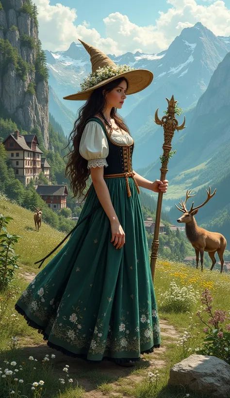 Create a highly detailed illustration of an Austrian witch. She should be wearing traditional Austrian clothing, such as a dirndl with intricate embroidery and lace details. Her accessories should include a headdress adorned with edelweiss flowers and a ma...