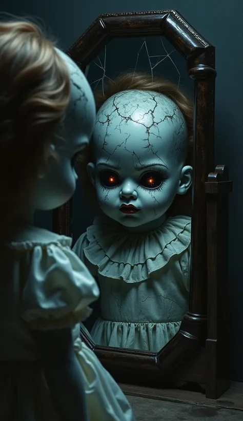 " the doll looking at itself in the broken mirror with a distorted image, with the evil eye ."