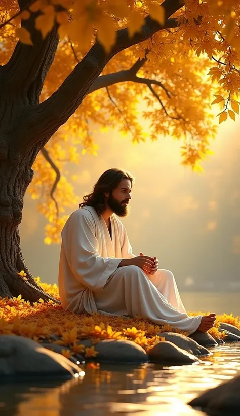 A breathtaking, realistic image of a serene and majestic figure resembling Jesus, sitting under a majestic tree with leaves glowing in golden hues under soft sunlight. The figure is perfectly centered, with his entire body and head facing forward, dressed ...